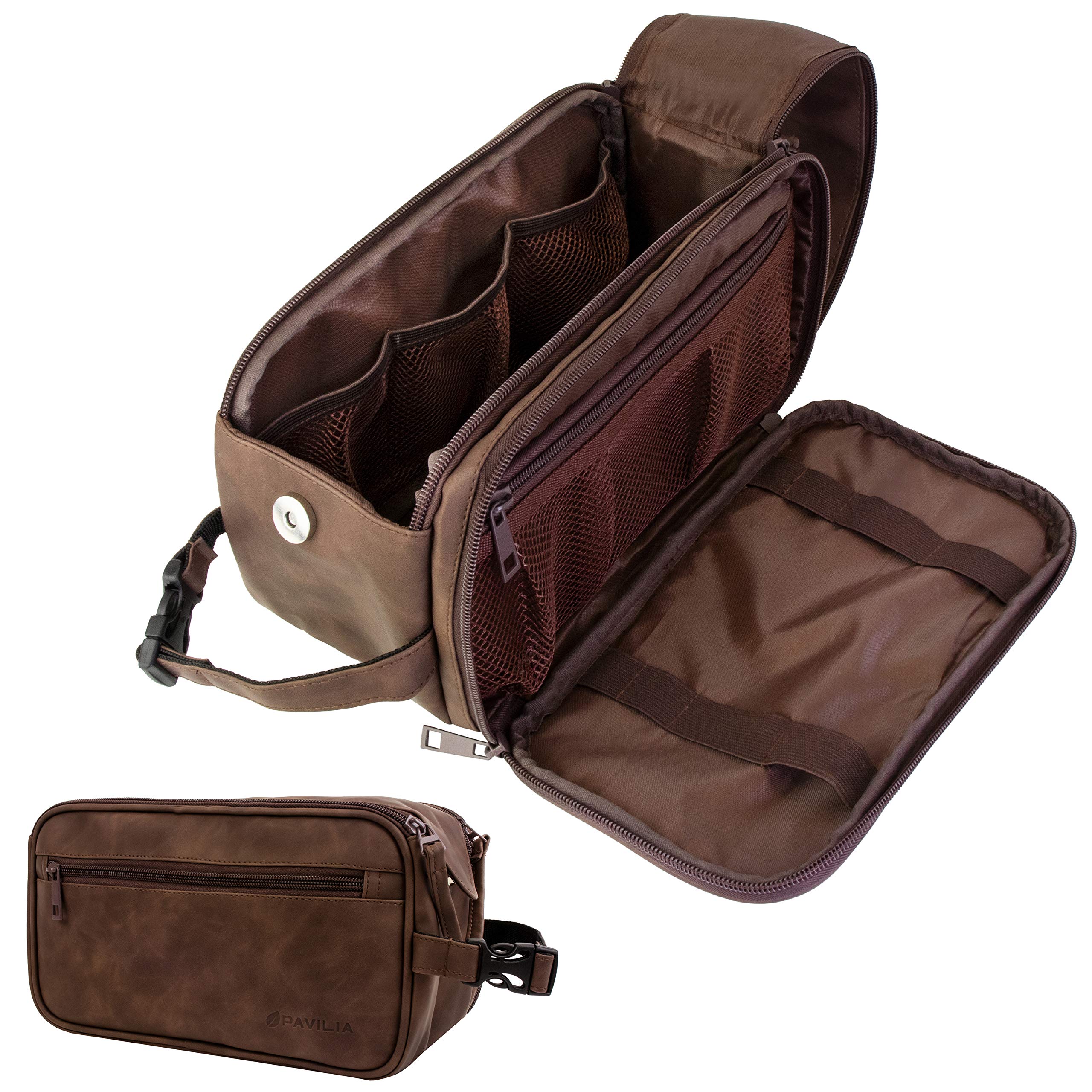 PAVILIA toiletry bag in dark brown PU leather for durable travel protection.