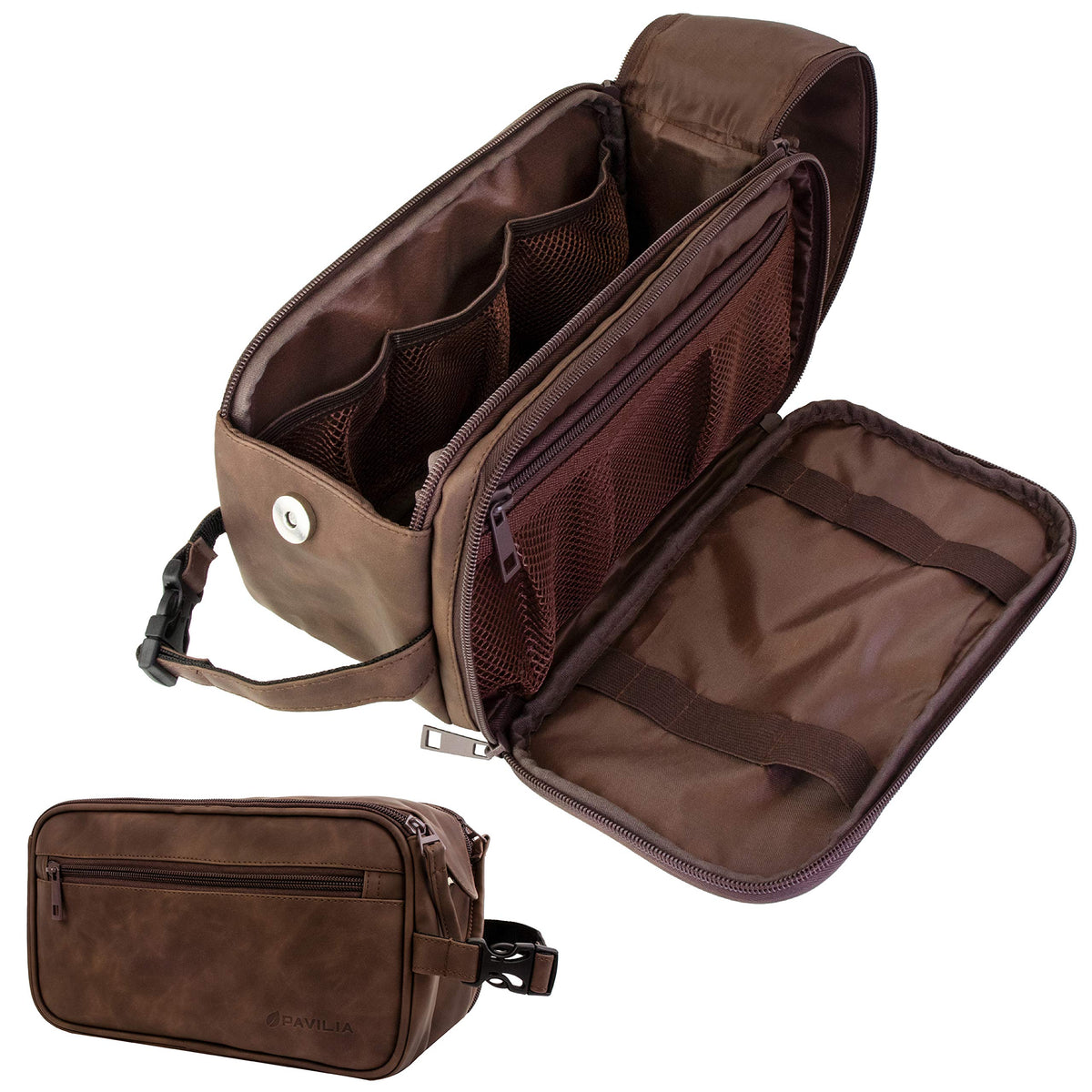 PAVILIA toiletry bag in dark brown PU leather for durable travel protection.