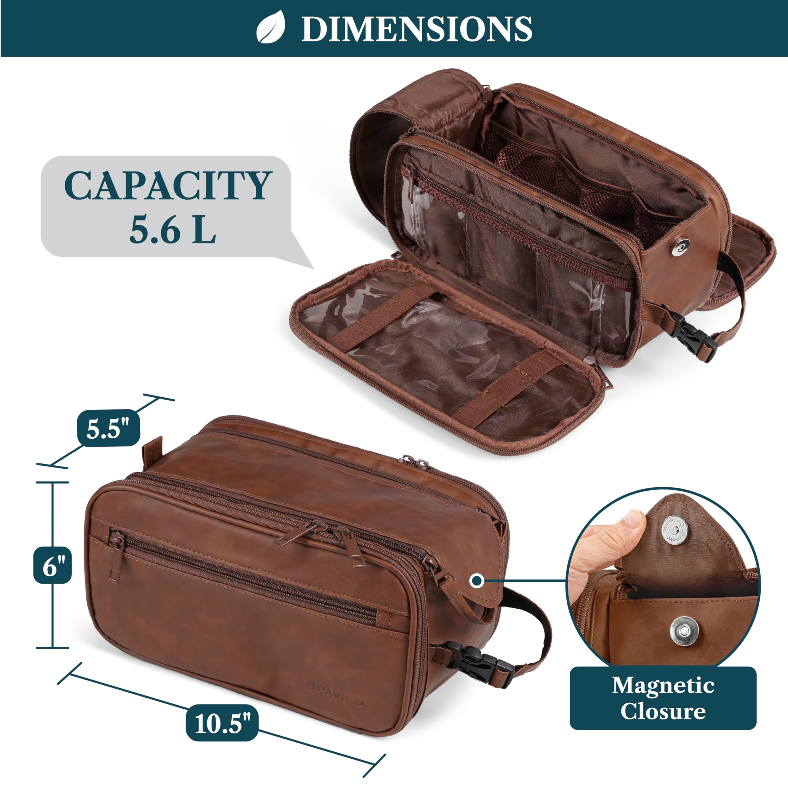 PAVILIA Toiletry Bag dimensions 10.5 x 5.5 x 6 inches for travel packing.