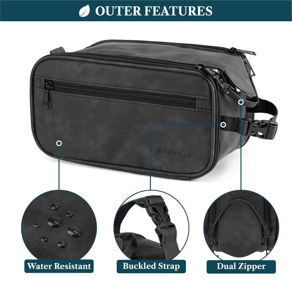 PAVILIA Dopp kit handle with clip-on buckle enables easy hanging in tight hotel spaces.