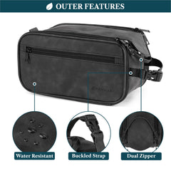 PAVILIA Dopp kit handle with clip-on buckle enables easy hanging in tight hotel spaces.