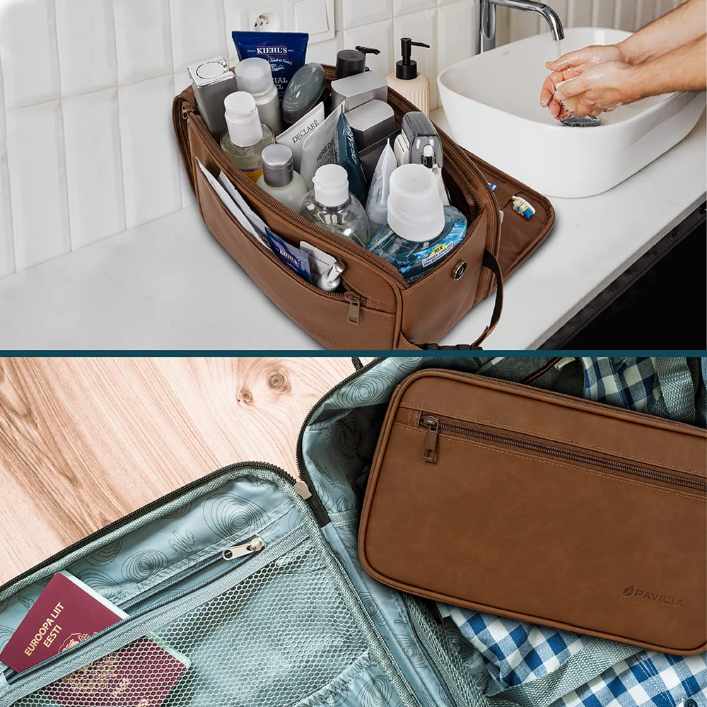 PAVILIA Toiletry Bag Dry-Wet Separation keeps damp items apart from dry toiletries.