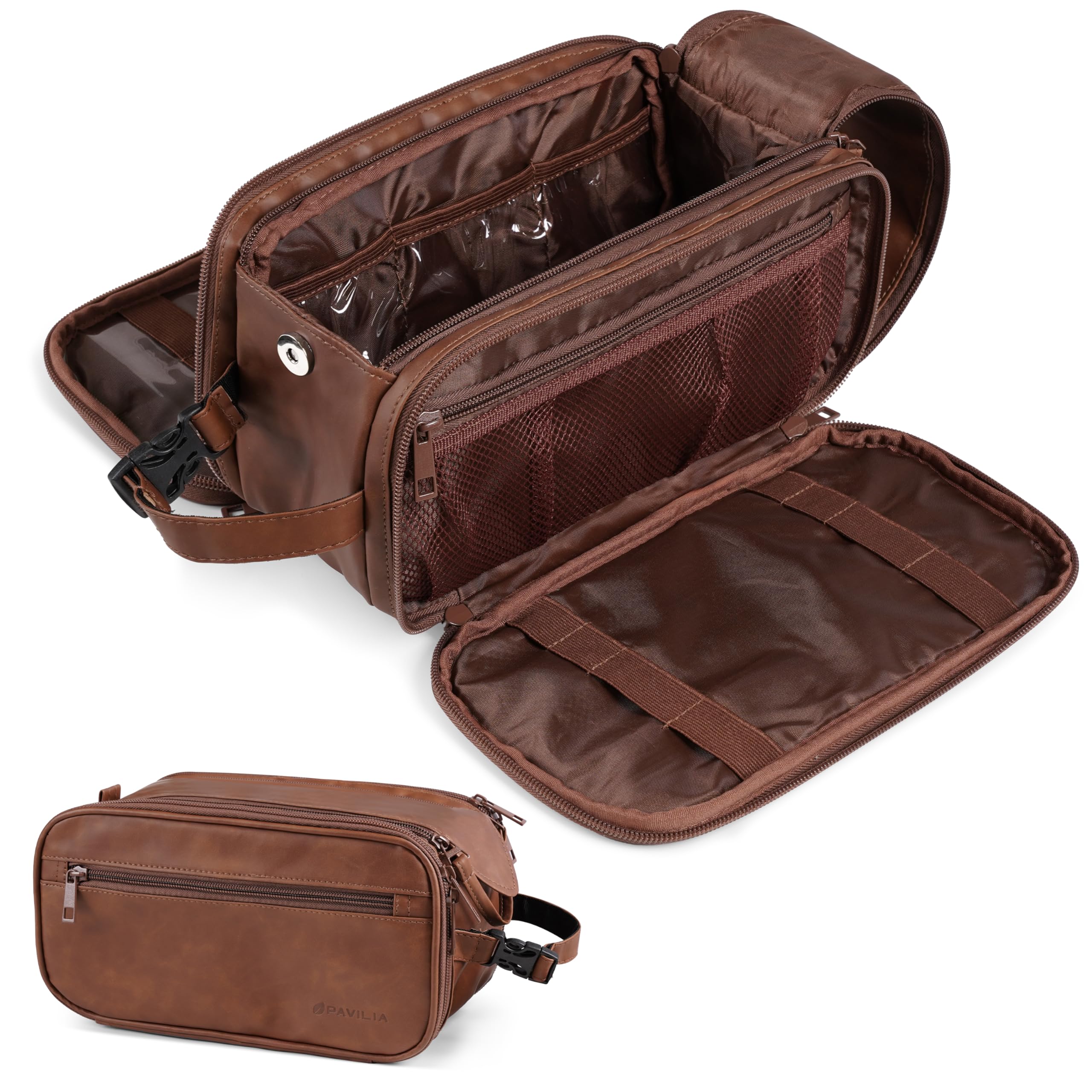 PAVILIA Toiletry Bag front view highlights brown PU leather and ample storage for grooming on trips.