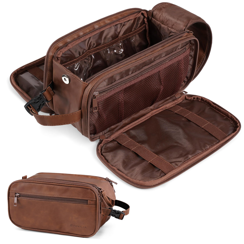 PAVILIA Toiletry Bag front view highlights brown PU leather and ample storage for grooming on trips.