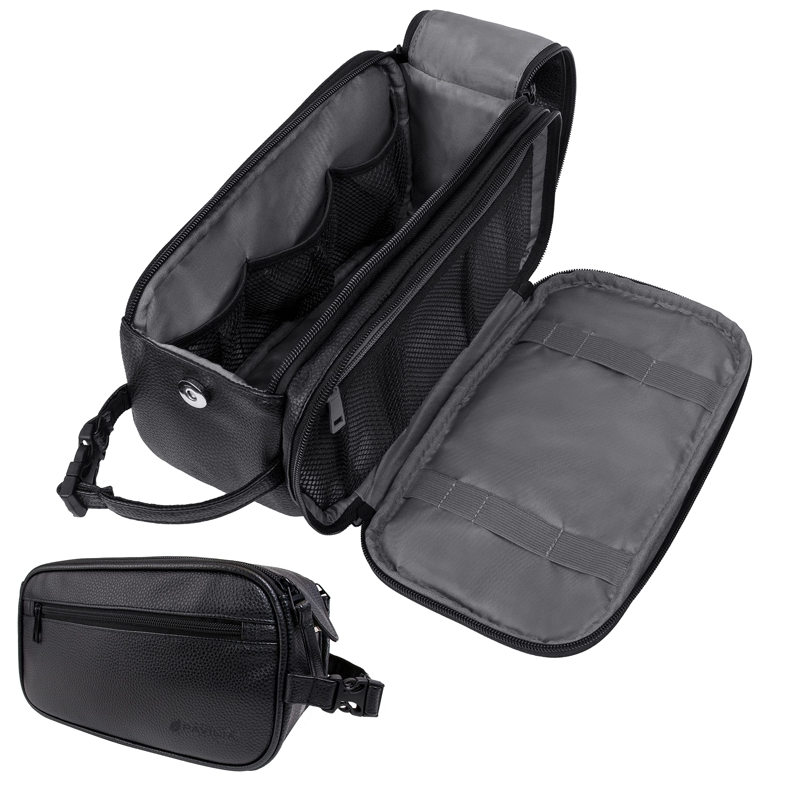 PAVILIA Toiletry Bag front view shows durable black PU leather for travel