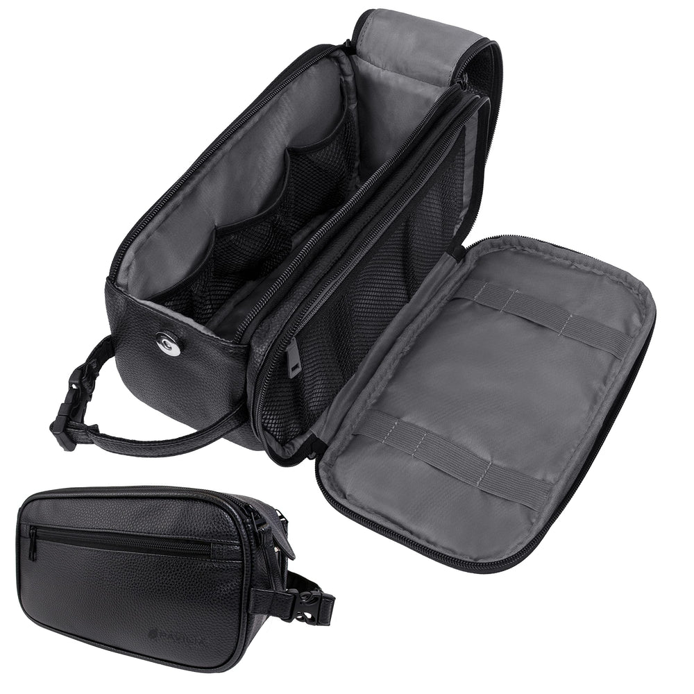 PAVILIA Toiletry Bag front view shows durable black PU leather for travel