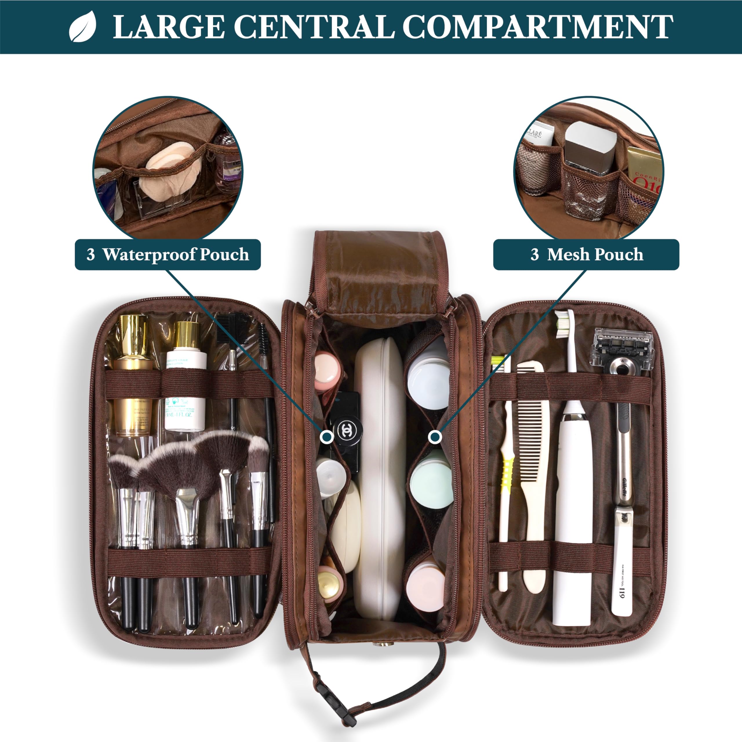 PAVILIA Toiletry Bag interior features elastic bands and mesh pockets for secure items.