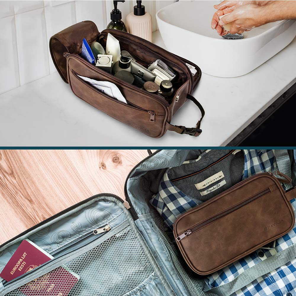 PAVILIA large-capacity toiletry bag fits shaving kits and toiletries for trips.