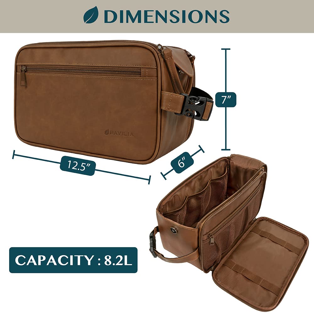 PAVILIA Toiletry Bag Large Opening shows easy access to shaving kit and toothbrush.