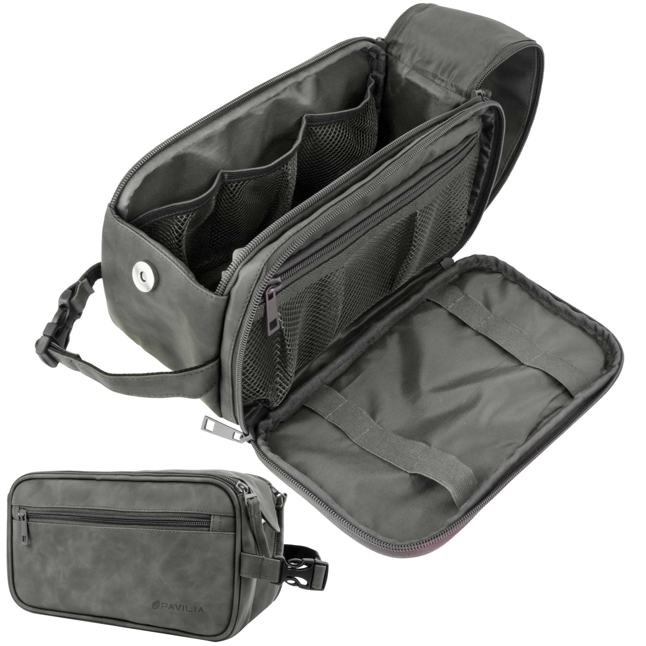 PAVILIA Toiletry bag front view highlighting PU leather durability for travel