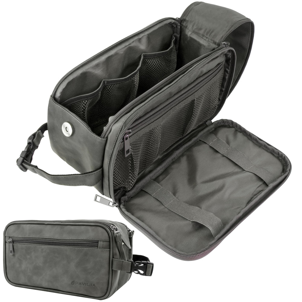 PAVILIA Toiletry bag front view highlighting PU leather durability for travel