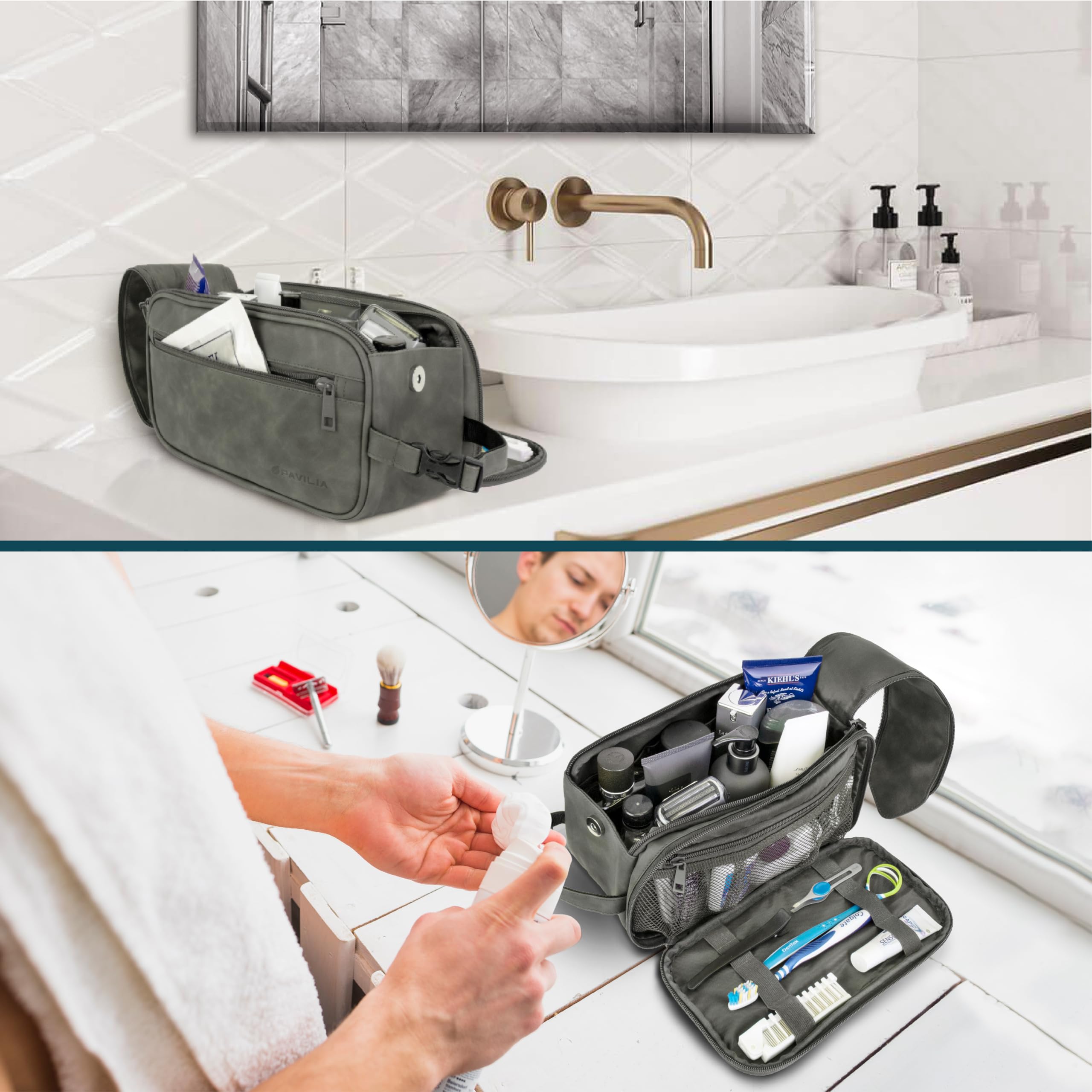 PAVILIA Toiletry bag interior elastic bands keep items secure during travel
