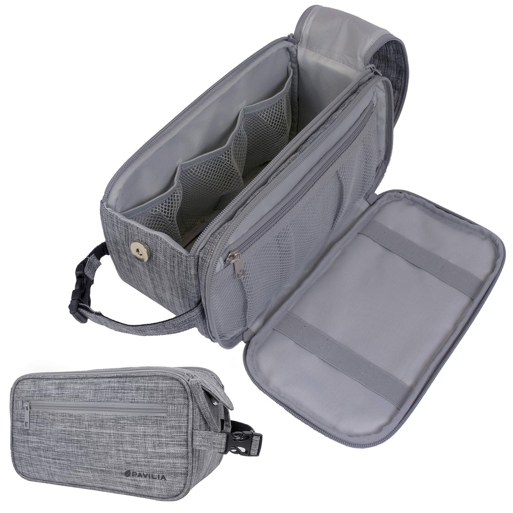 PAVILIA Toiletry Bag for Men with large opening enables quick access while traveling.