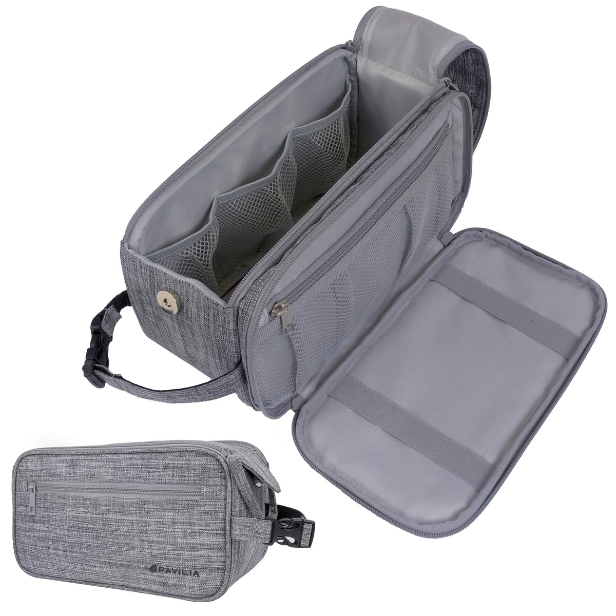 PAVILIA Toiletry Bag for Men with large opening enables quick access while traveling.