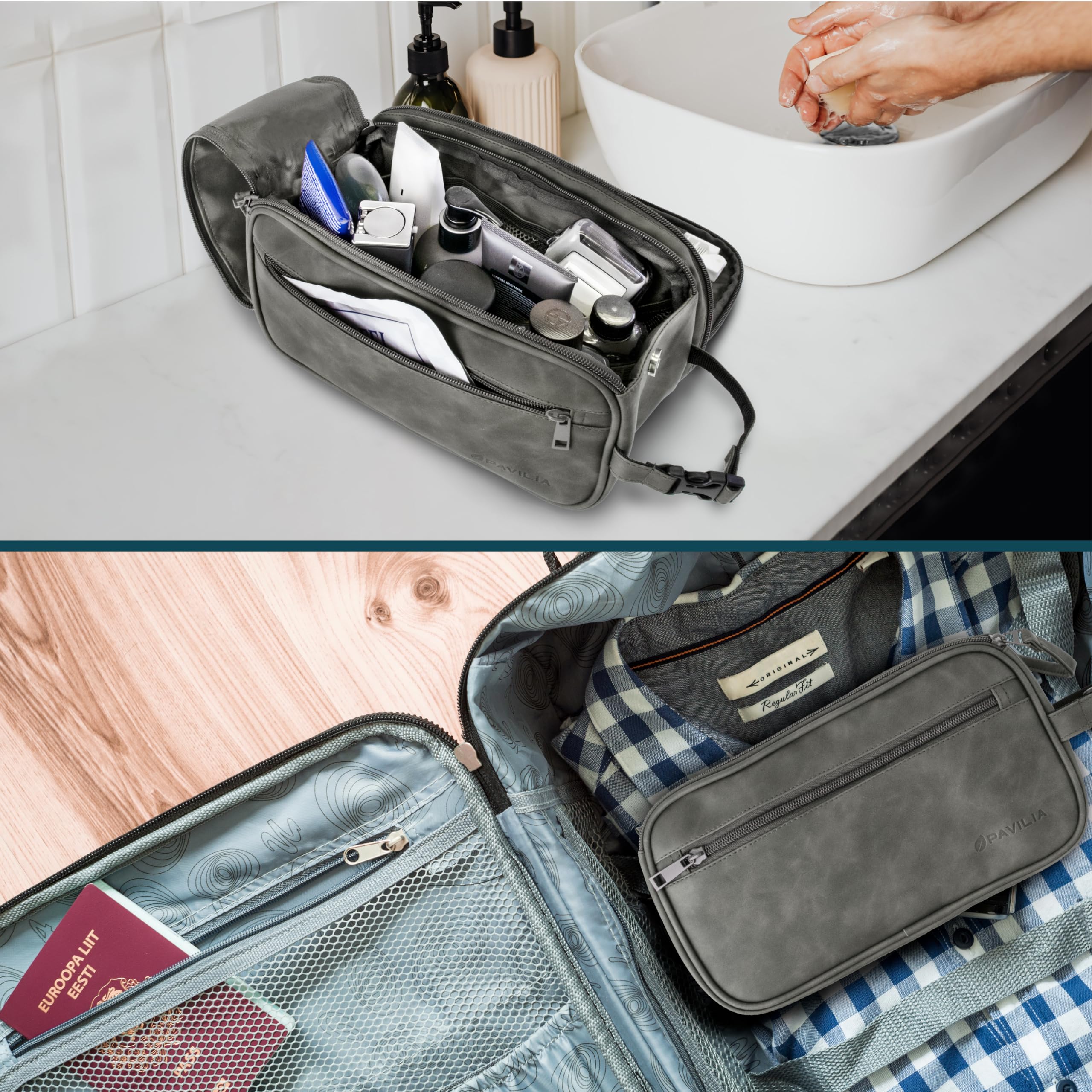 PAVILIA Toiletry bag material texture close-up shows water-resistant PU leather