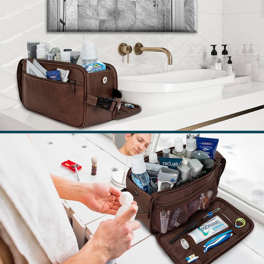 PAVILIA bag features clip-on buckle to hang in hotel bathrooms for quick access.
