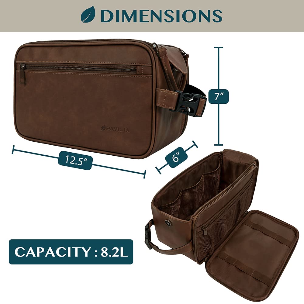 PAVILIA toiletry bag open compartment shows organizer pockets for easy access to toiletries.