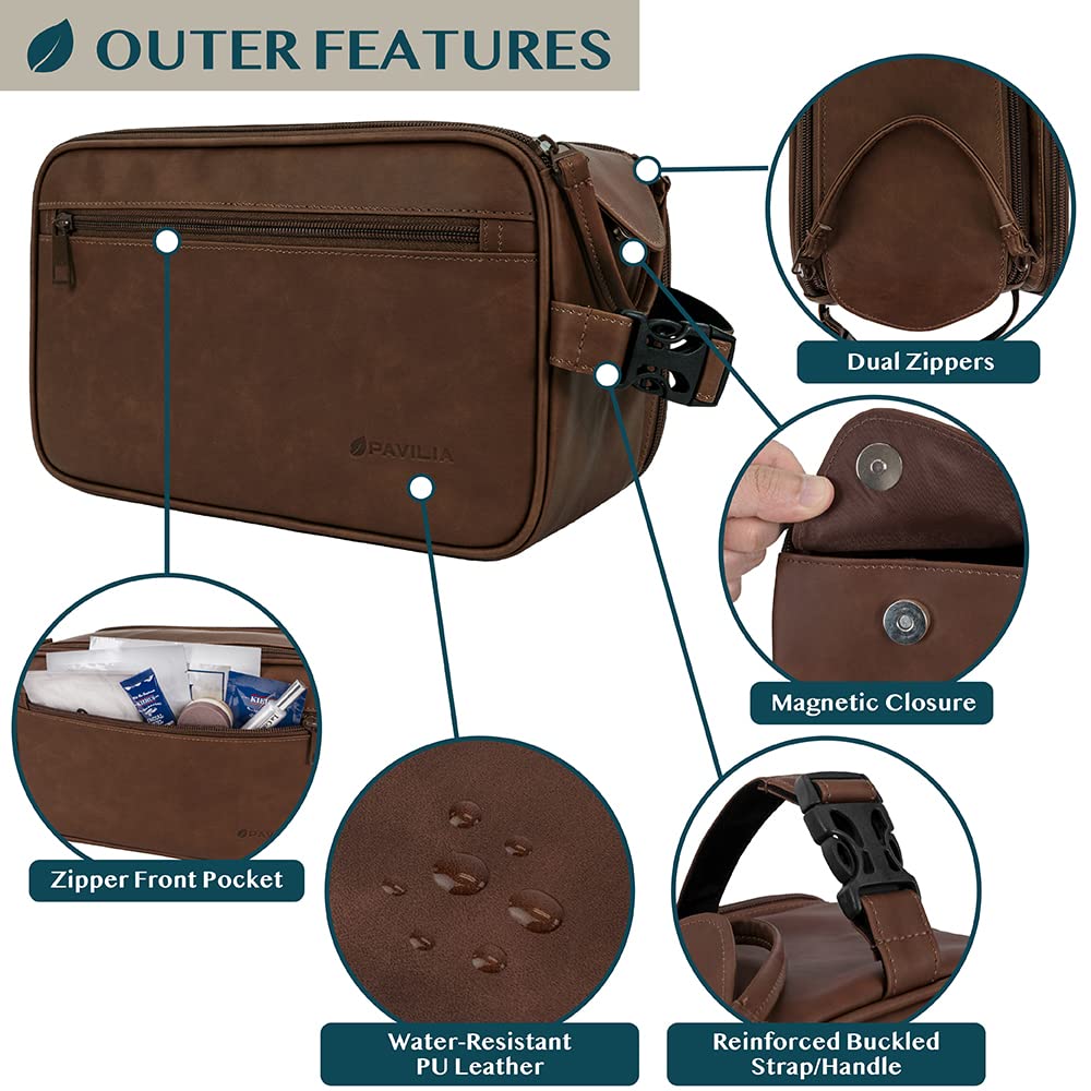 PAVILIA toiletry bag water-resistant PU leather protects contents from spills during trips.