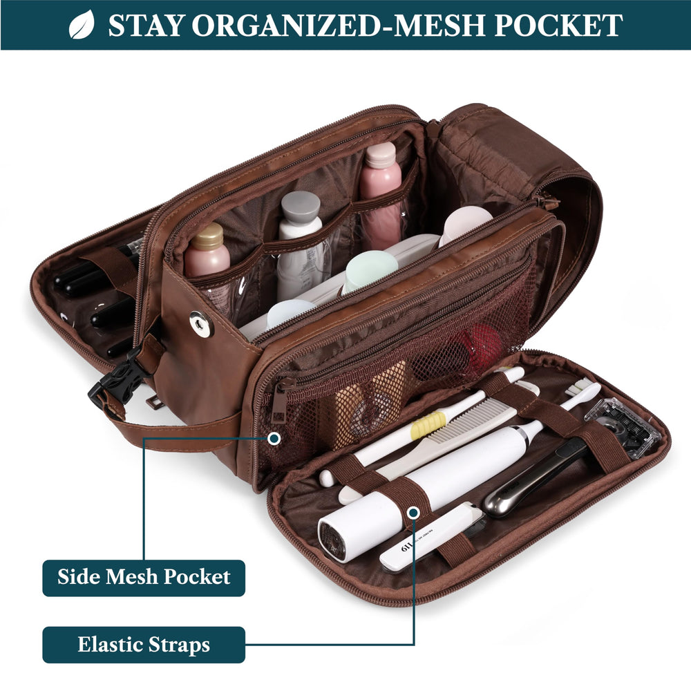 PAVILIA Toiletry Bag open main compartment reveals organized spaces for shaving kits and toiletries.