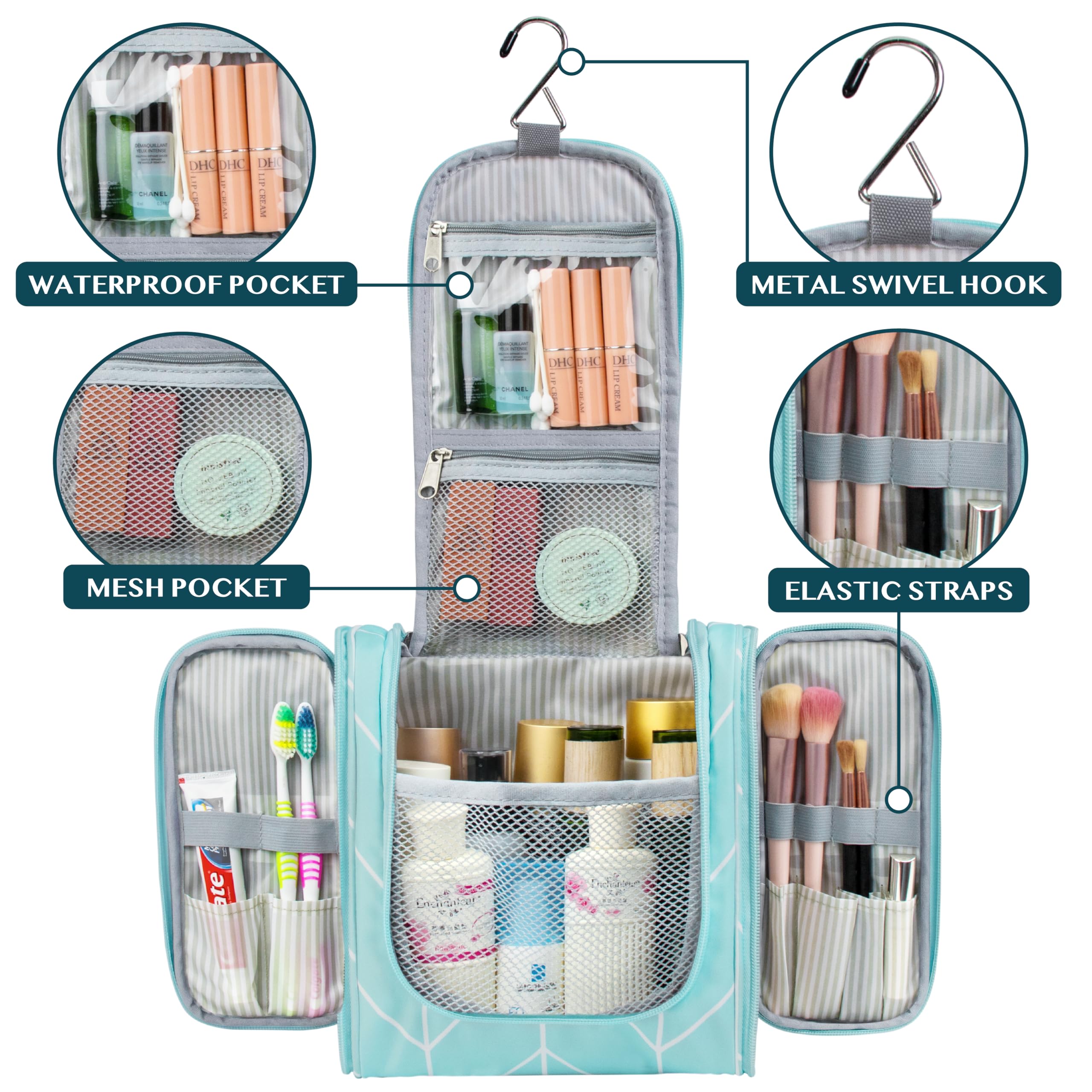 PAVILIA hanging toiletry bag opening view reveals organized interior compartments.
