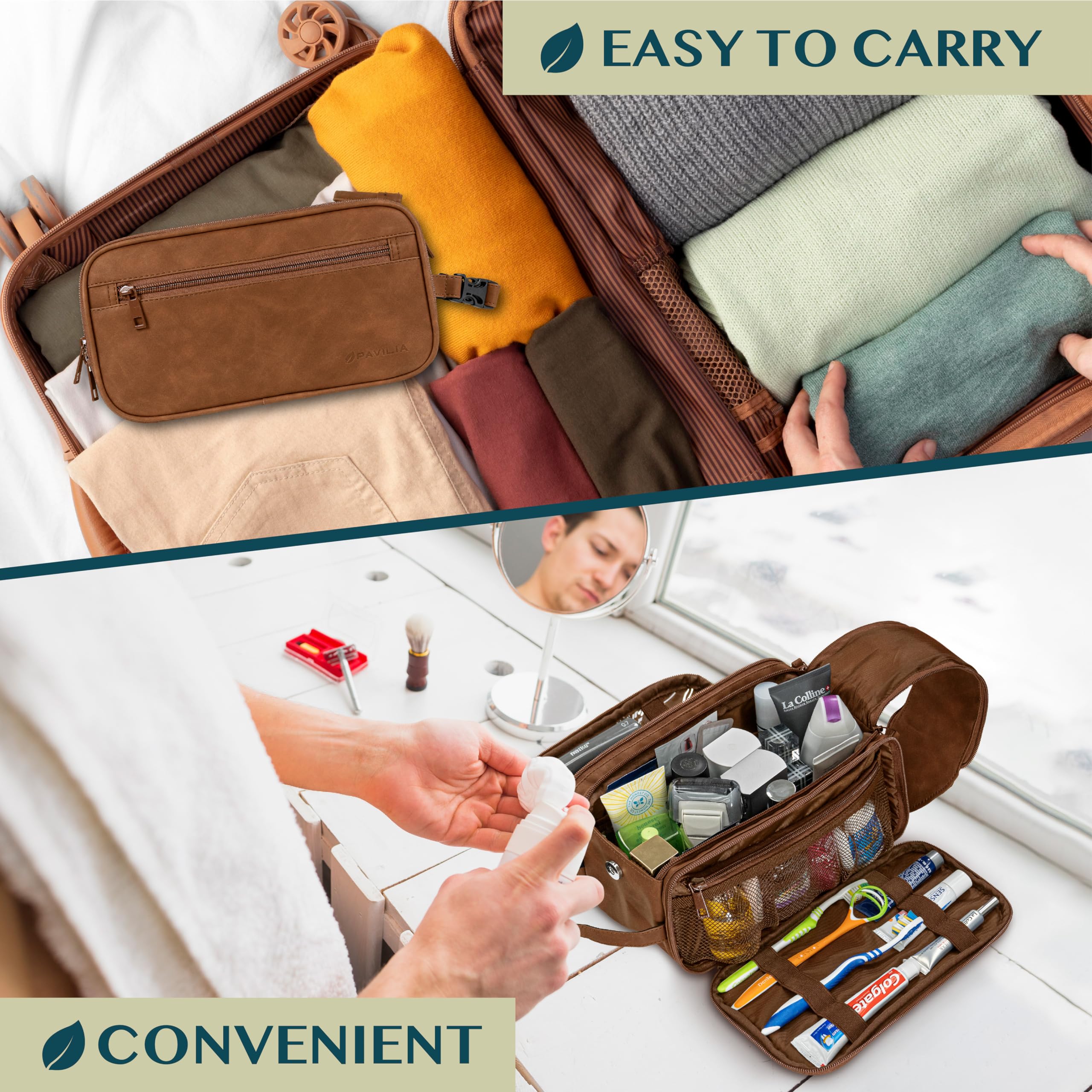 PAVILIA Toiletry Bag PU leather stitching conveys durability and premium feel.