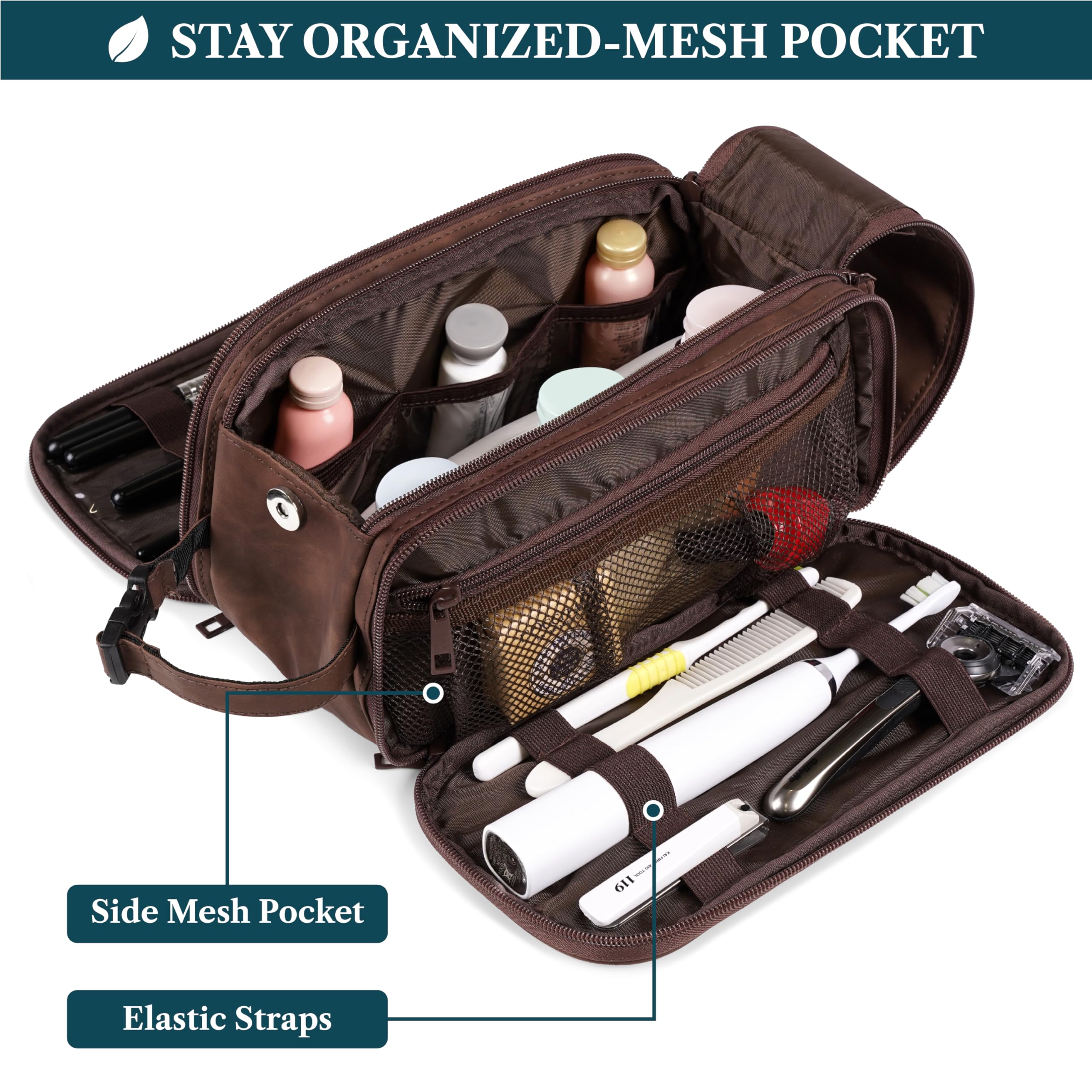 PAVILIA toiletry bag side pockets and elastic bands organize grooming tools.