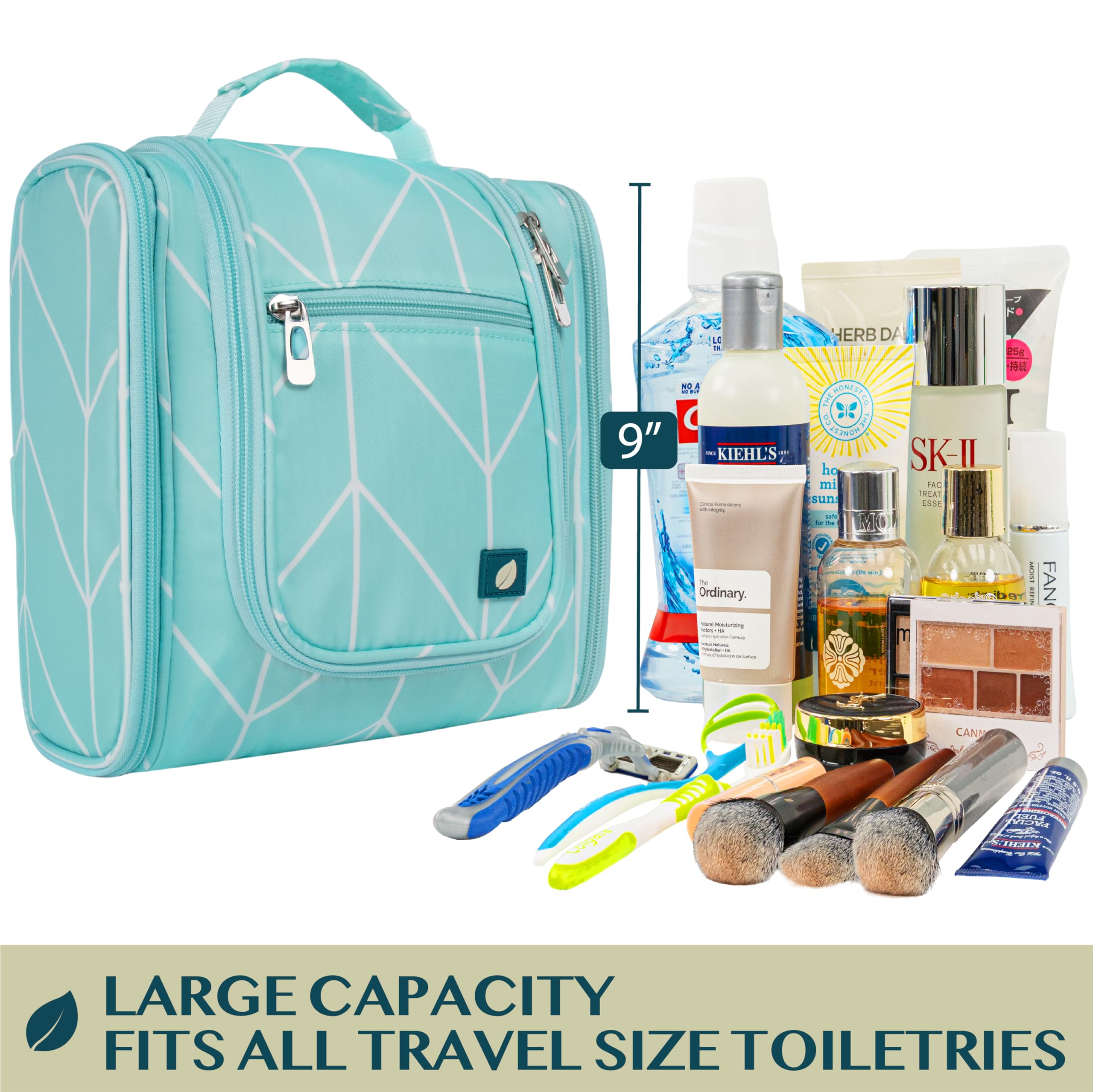 PAVILIA toiletry bag side pockets for brushes and small items.
