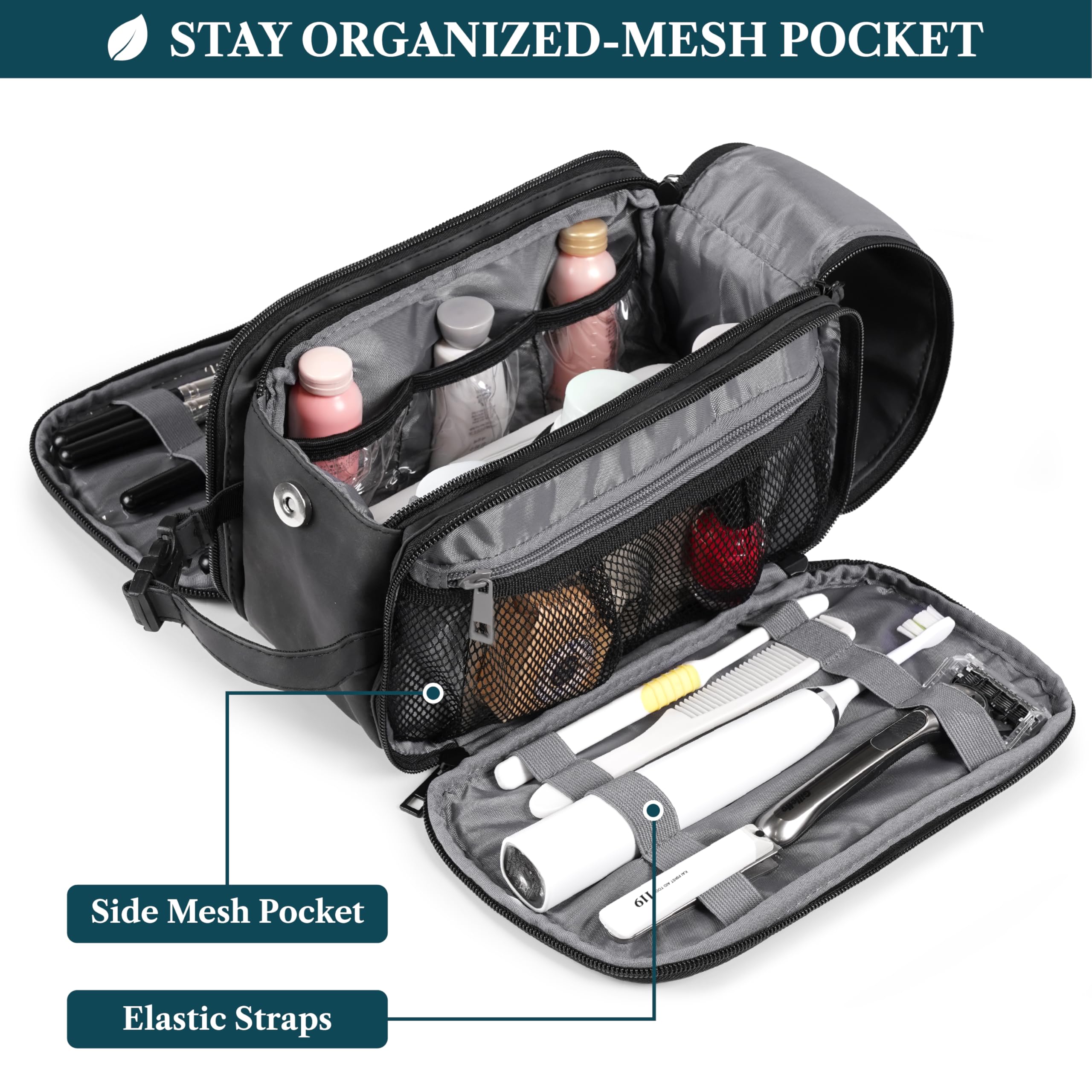 PAVILIA toiletry bag side pockets organize brushes, razors, and small accessories on the go.