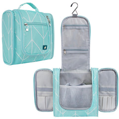 PAVILIA teal-chevron hanging toiletry bag ready for hotel storage.