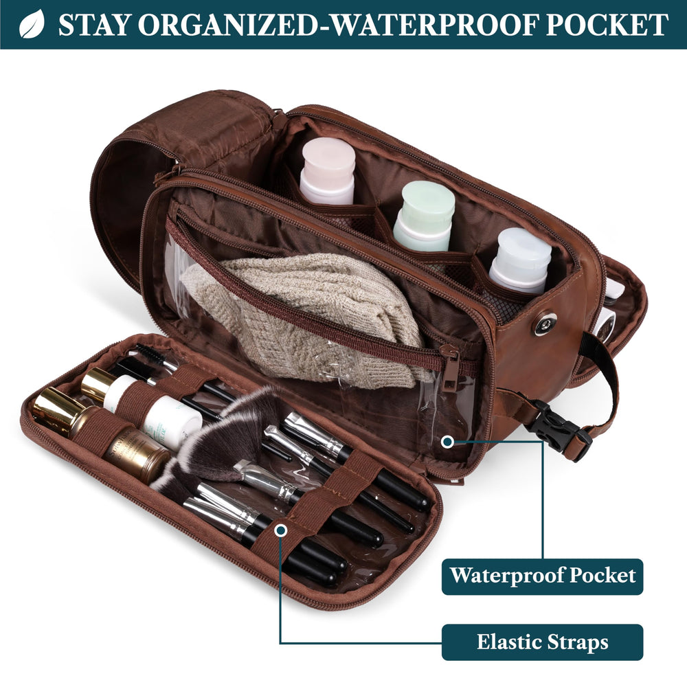 PAVILIA Toiletry Bag water-resistant PU leather close-up shows durability protecting contents during travel.