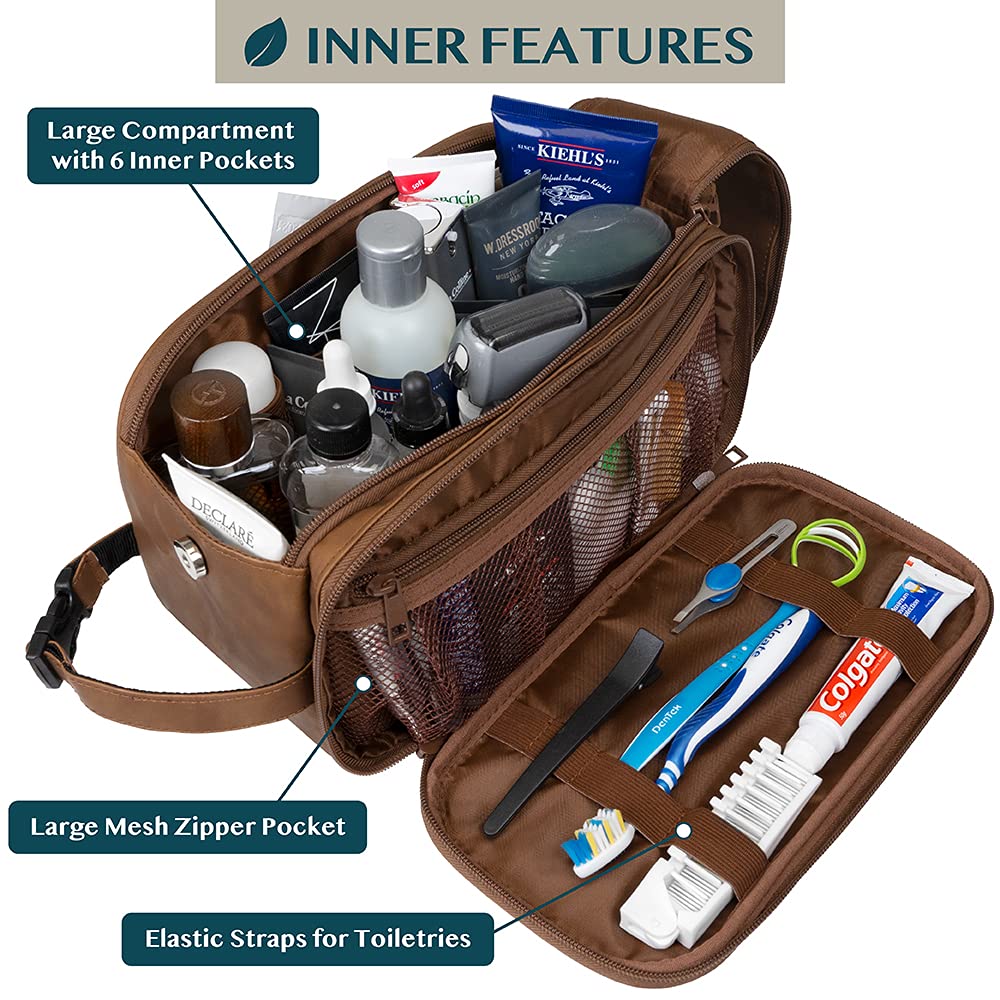 PAVILIA Toiletry Bag water resistant PU leather protects contents during travel.