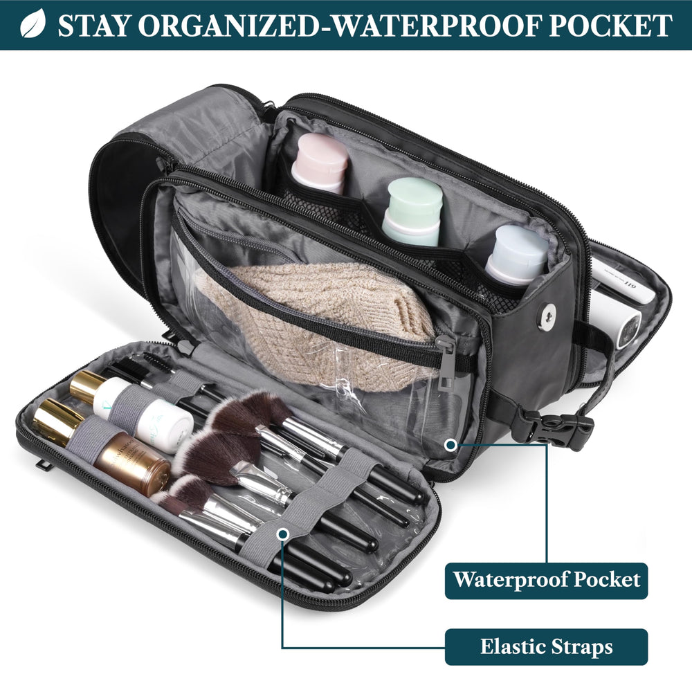 PAVILIA water-resistant PU leather keeps contents protected in damp hotel bathrooms.