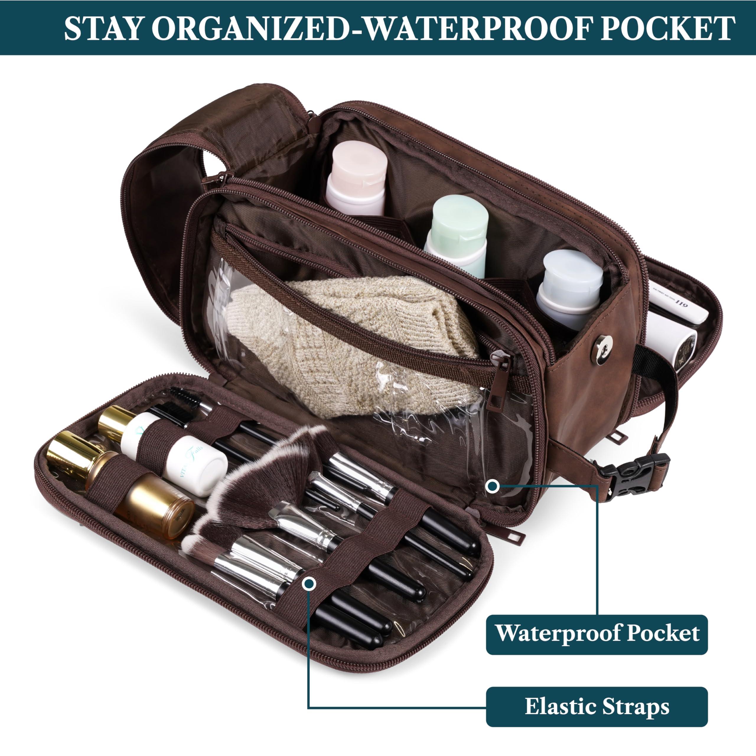 PAVILIA water-resistant PU leather bag protects items in travel.