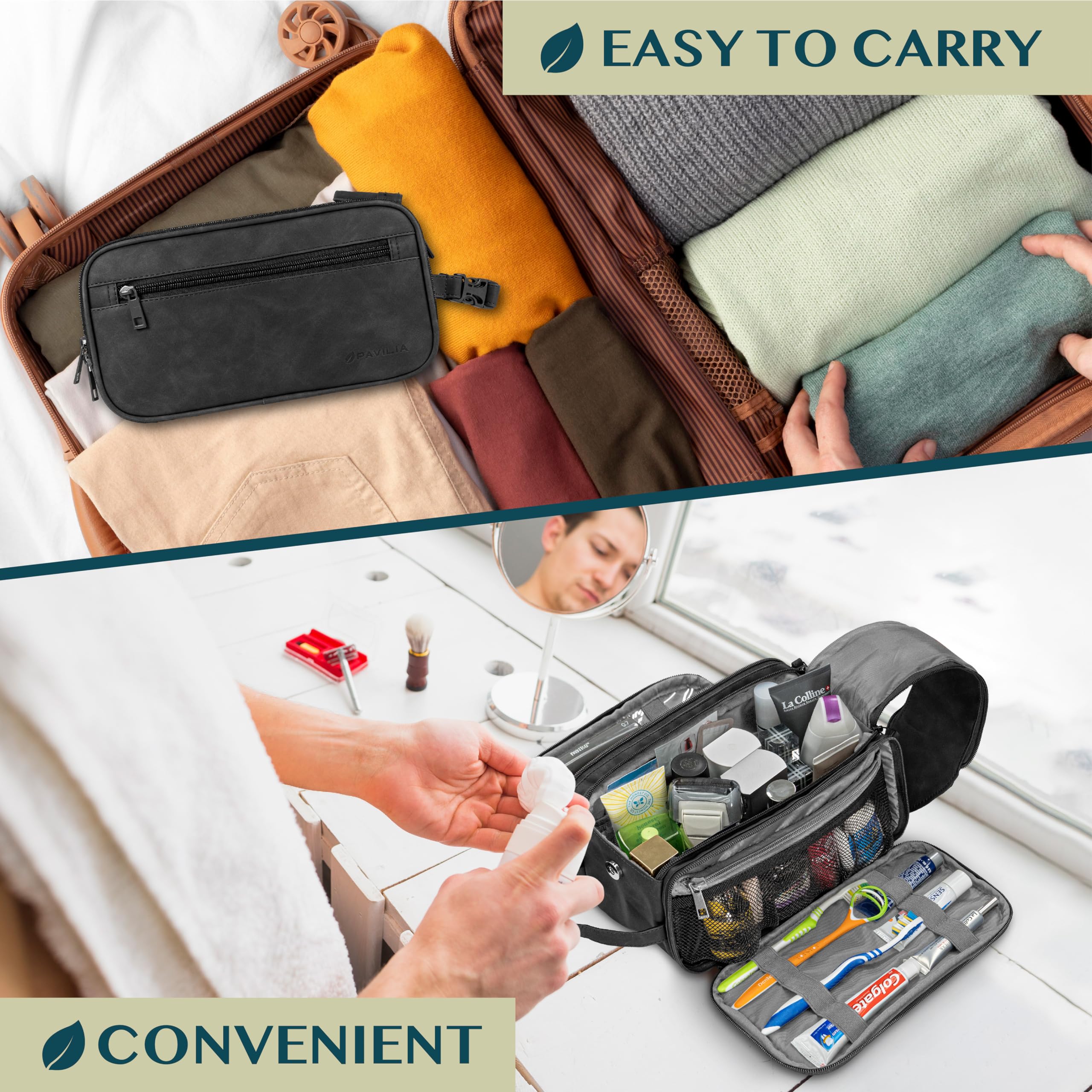 PAVILIA Toiletry Bag wet/dry separation keeps damp items apart.