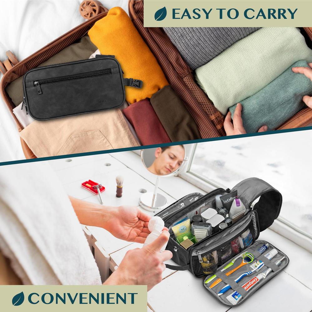 PAVILIA Toiletry Bag wet/dry separation keeps damp items apart.