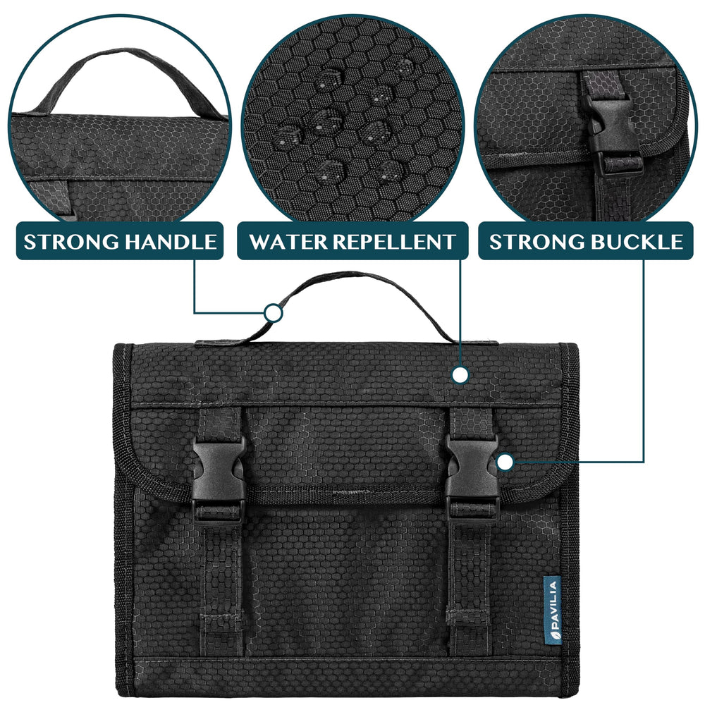PAVILIA bag foldable compartments organize makeup and toiletries.