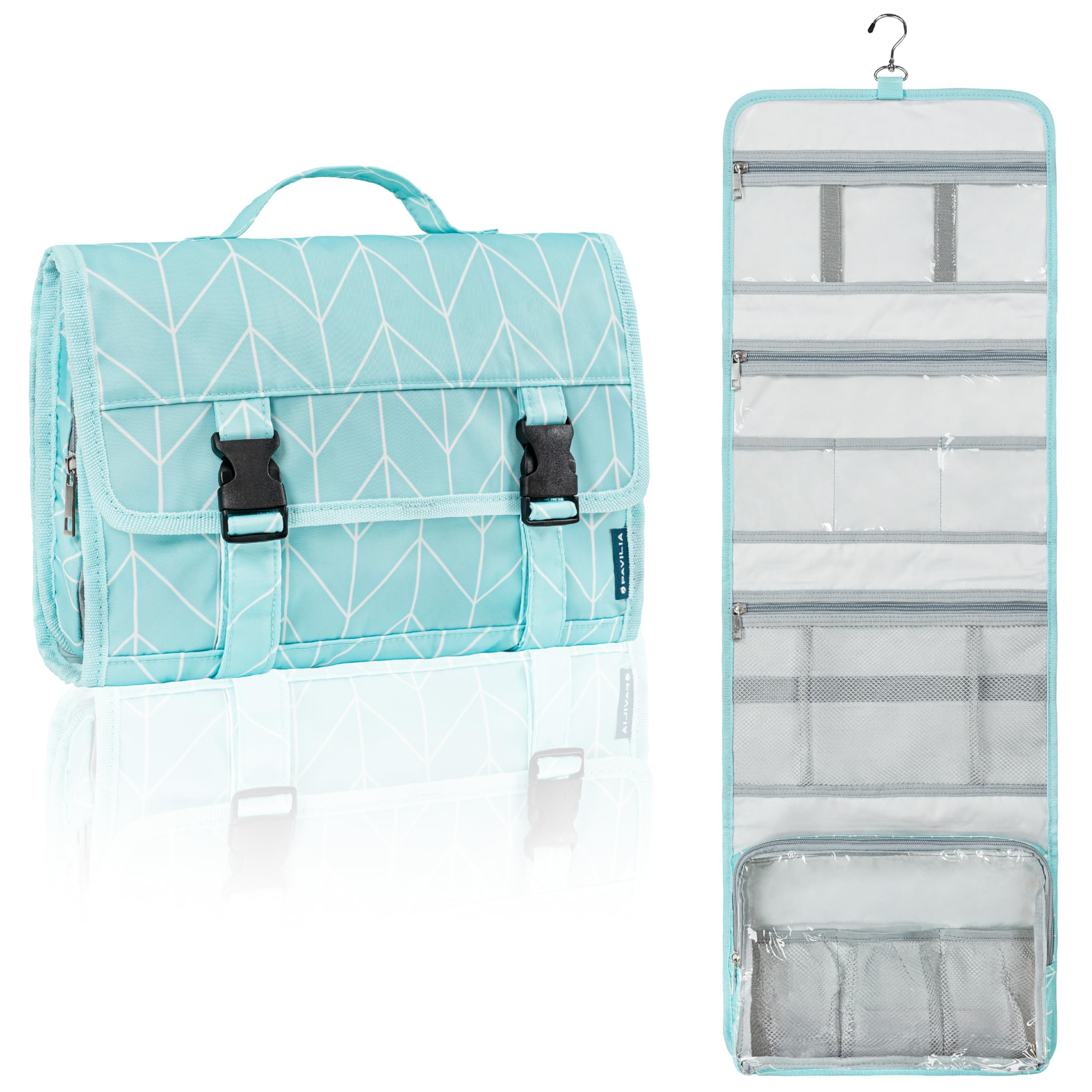 PAVILIA travel hanging toiletry bag hangs easily in hotel bathroom for space-saving organization