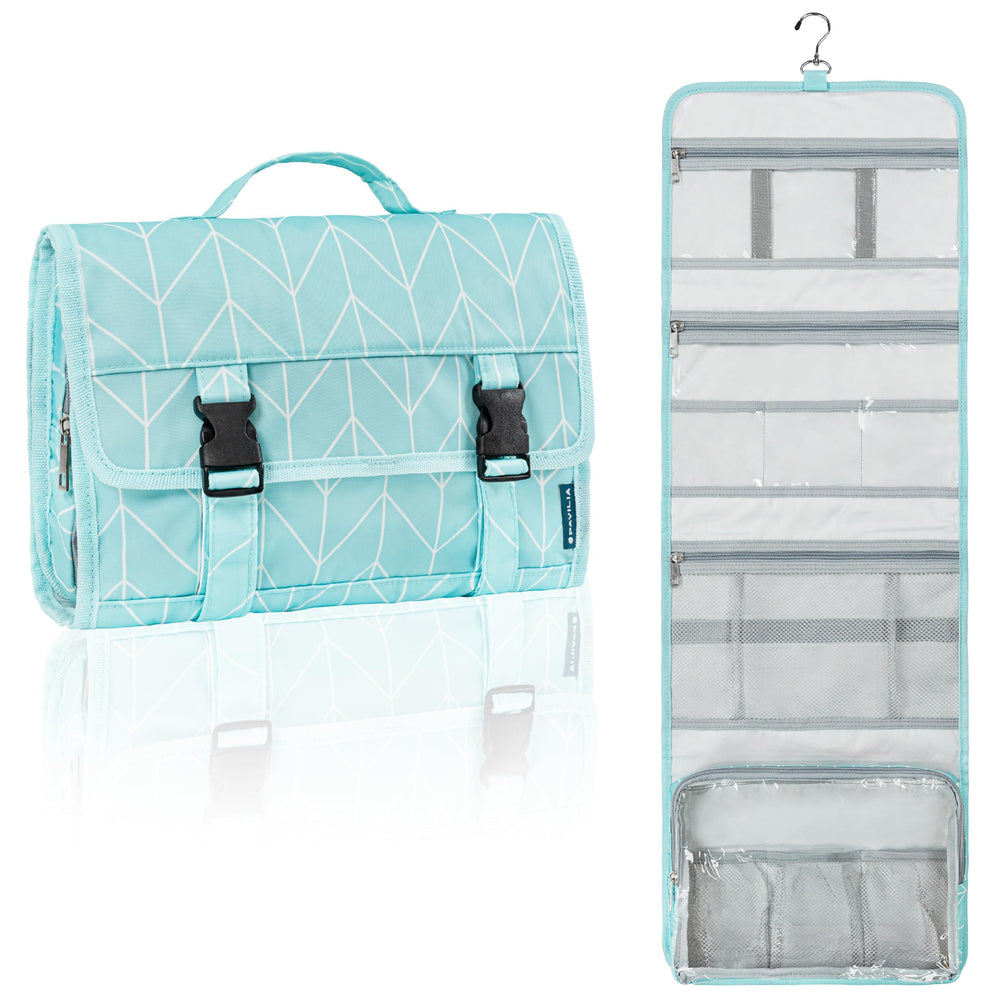 PAVILIA travel hanging toiletry bag hangs easily in hotel bathroom for space-saving organization
