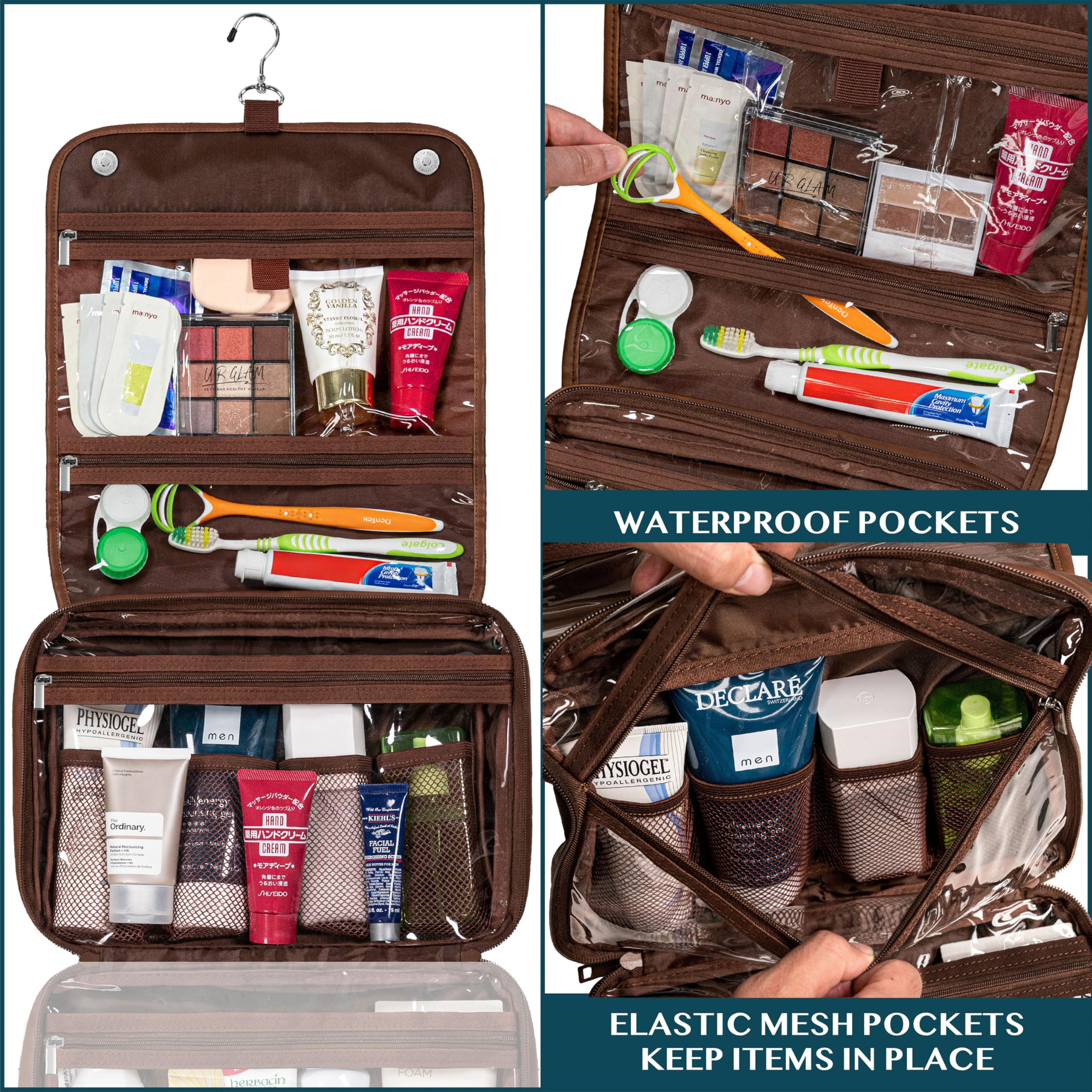 PAVILIA water-resistant fabric protects cosmetics on the go.