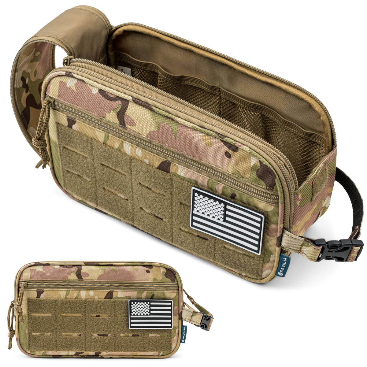 PAVILIA tactical toiletry bag front MOLLE webbing for quick gear attachment and organization.