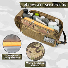 PAVILIA tactical toiletry bag opened to show large main compartment for essentials.