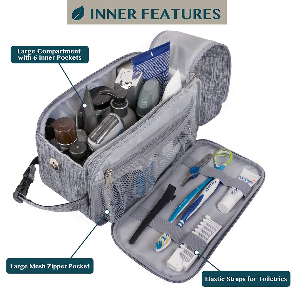PAVILIA toiletry bag side pockets neatly store brushes and small bottles.