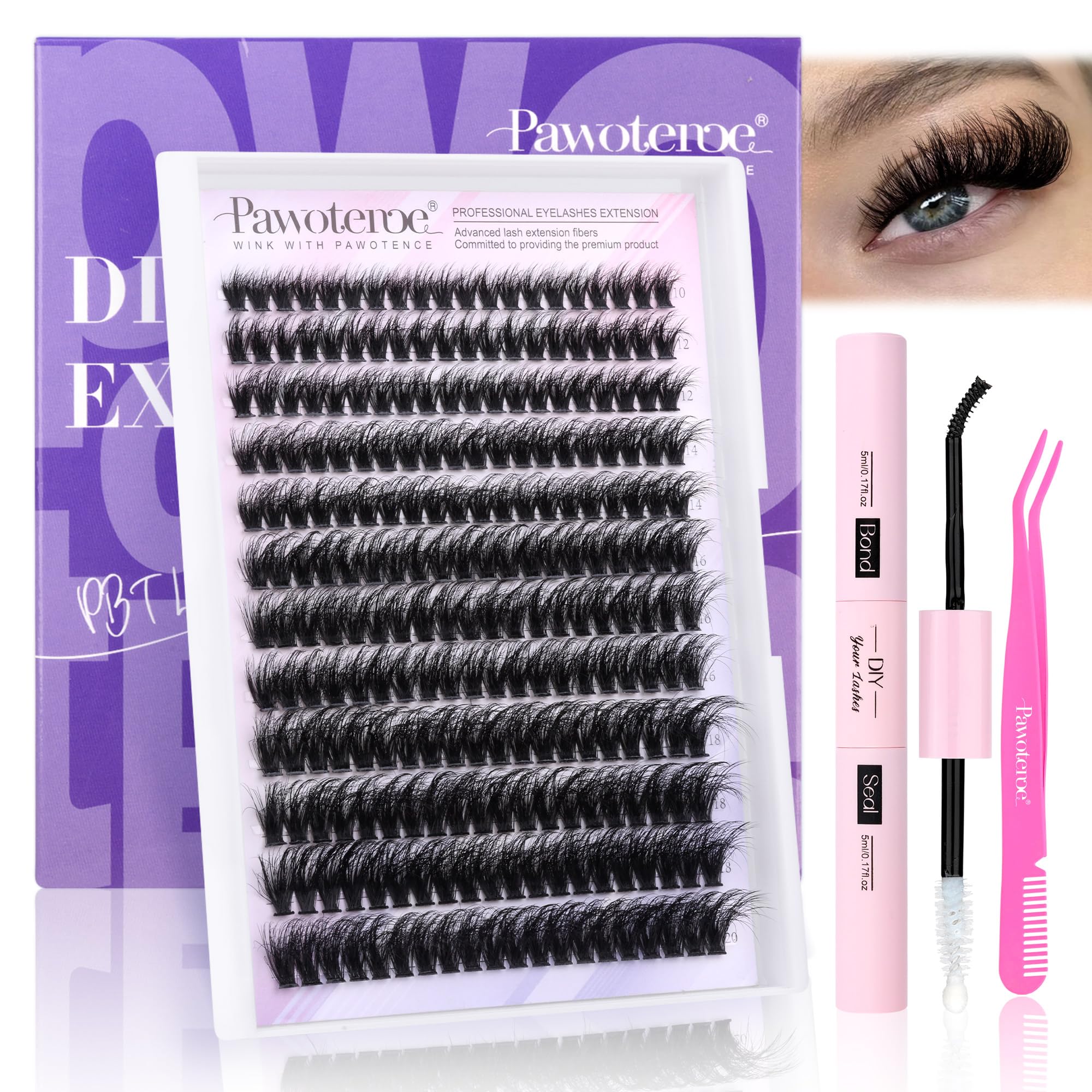 Pawotence lash clusters 80D full kit for easy at-home eye-enhancement.