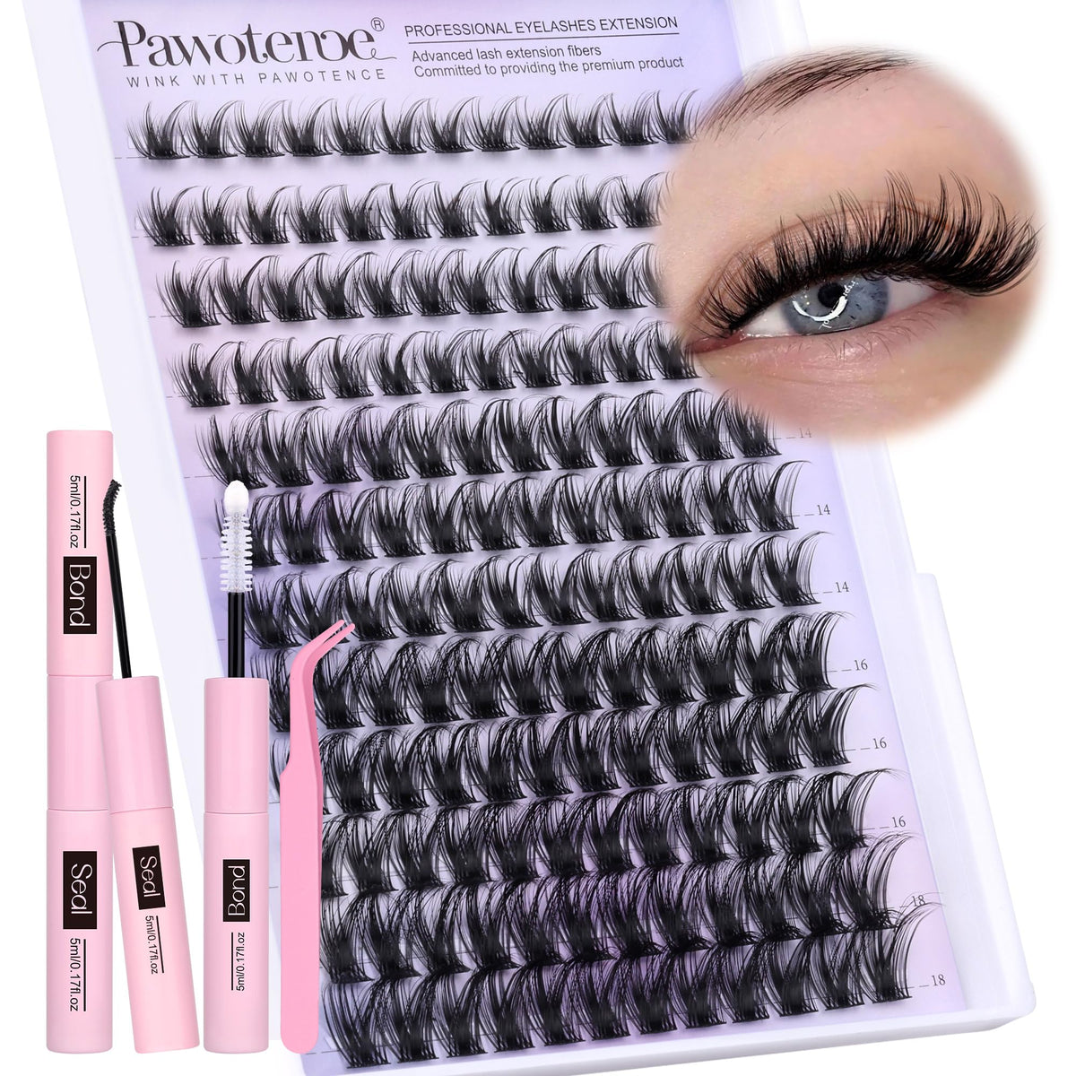 Pawotence Lash Clusters Kit contents show 144 pieces for customizable DIY lash looks