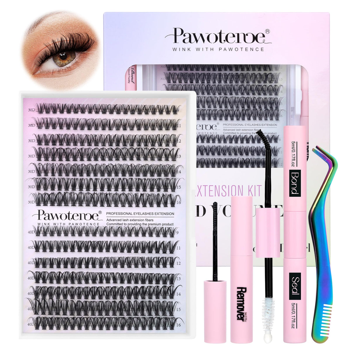 Pawotence lash extension kit 280pcs clusters in 30D/40D 9-16mm for custom looks.