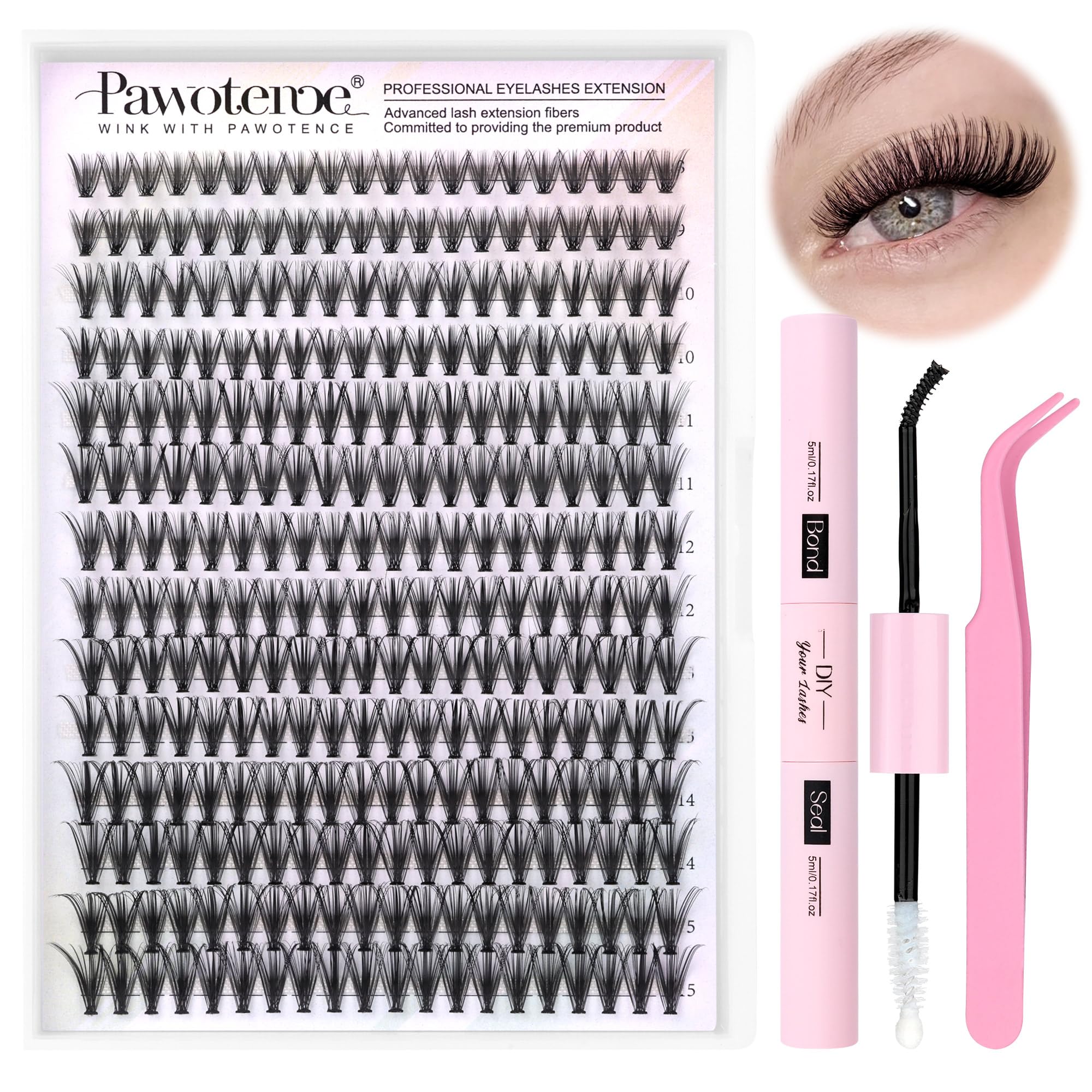 Pawotence Lash Extension Kit 280pcs cluster lashes provide natural-looking fullness for daily wear.