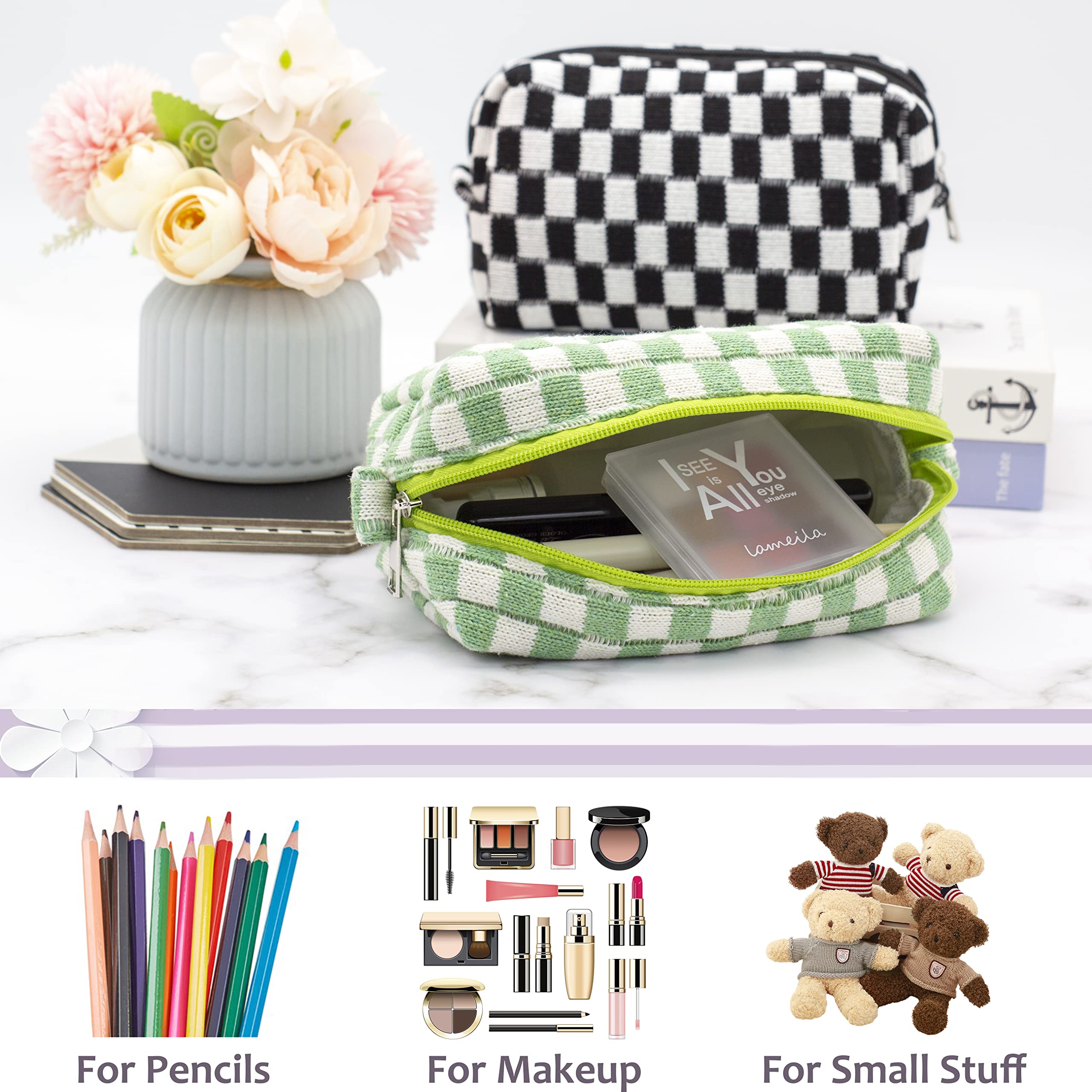 PAZIMIIK checkered makeup bag open interior with cosmetics and brushes
