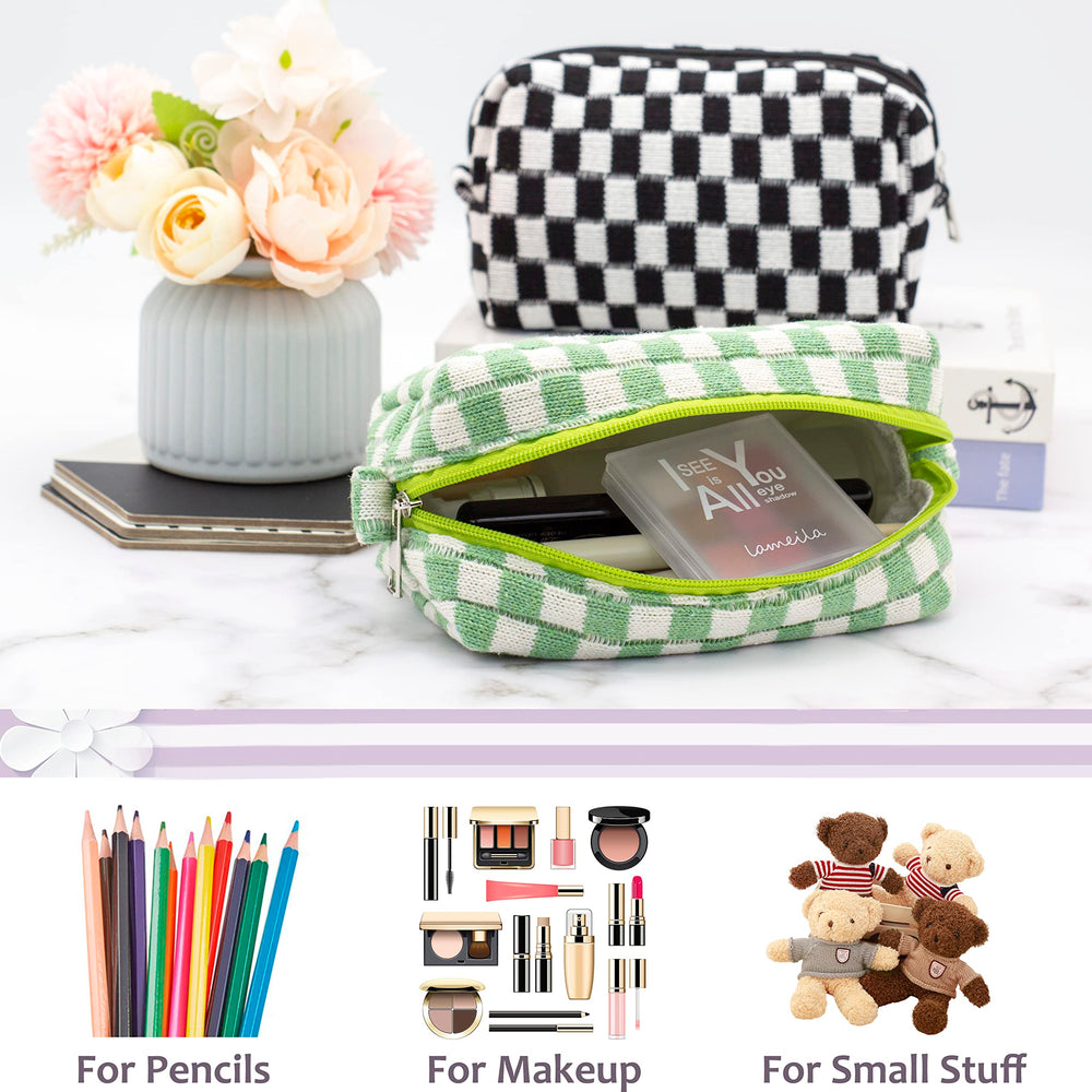 PAZIMIIK checkered makeup bag open interior with cosmetics and brushes