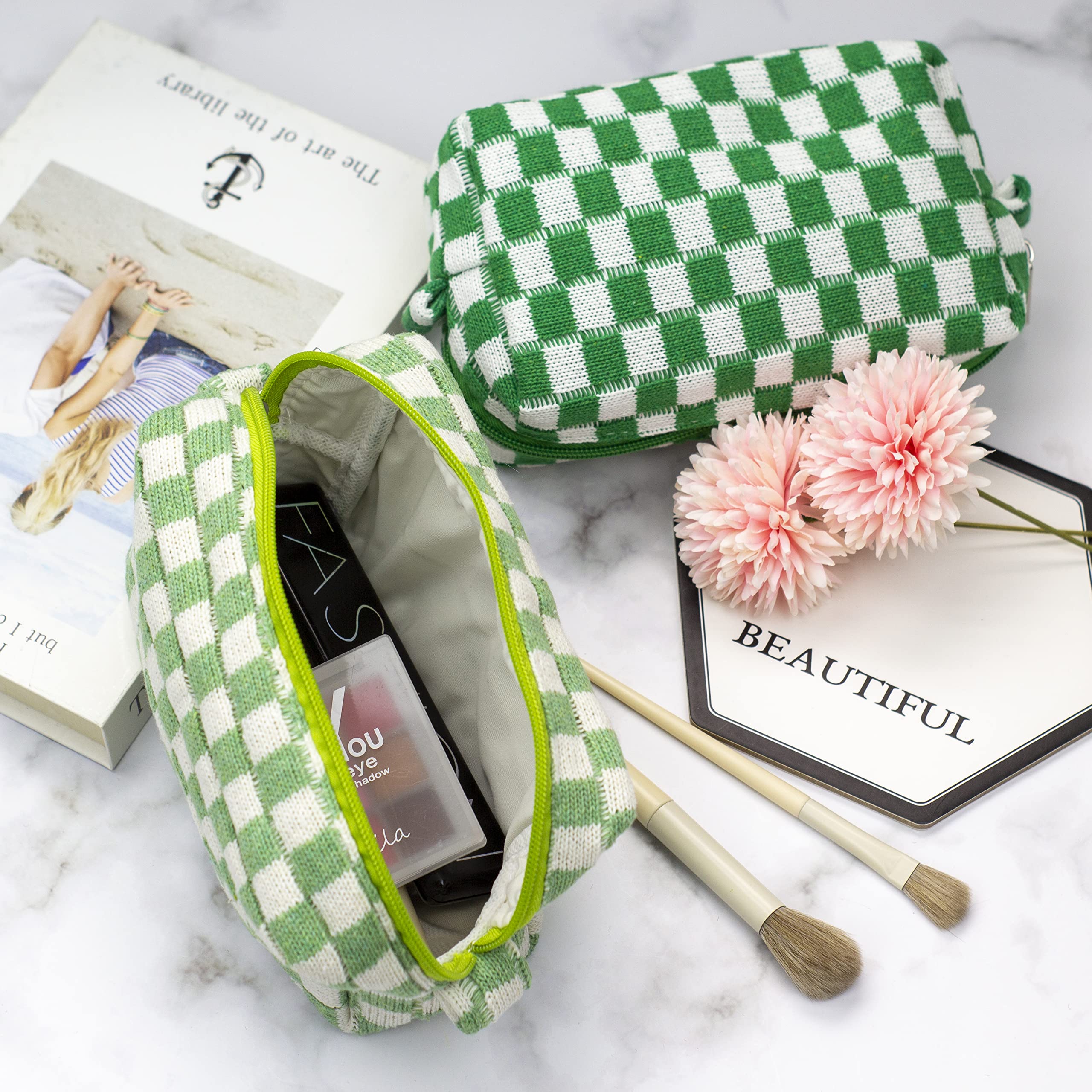 PAZIMIIK checkered makeup bag side view showcasing compact travel-ready design