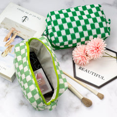 PAZIMIIK checkered makeup bag side view showcasing compact travel-ready design